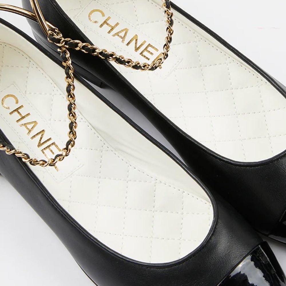 Chanel Cap Toe Leather Ballet Flats with Ankle Chain - Picture 4 of 5